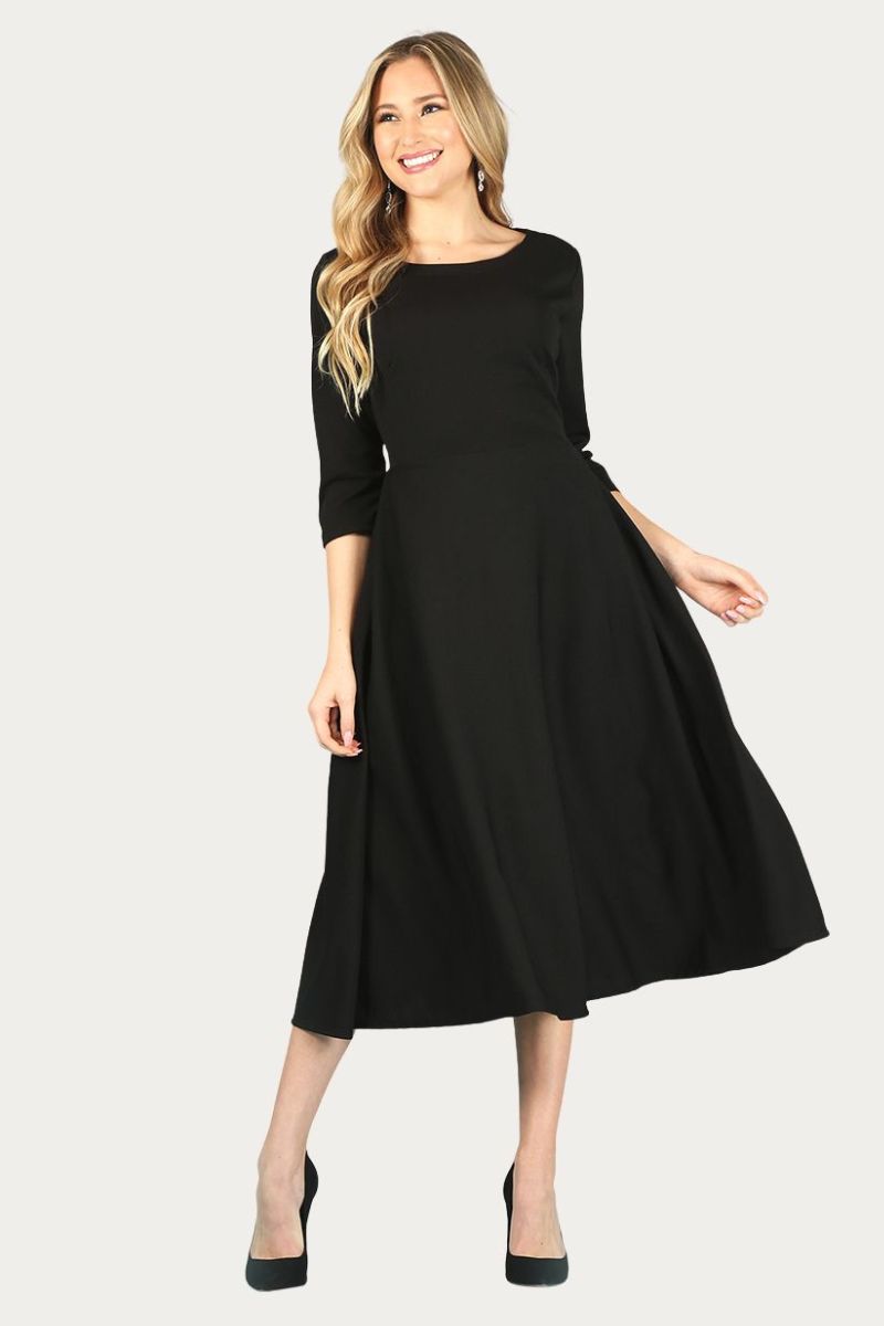 Midi, A-Line Dress with 3/4 Sleeves and Pockets